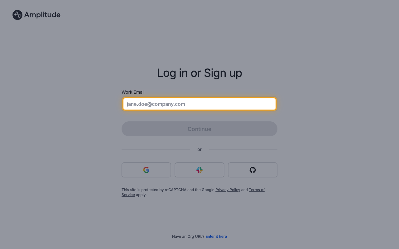 Amplitude sign-in page with the Work Email field highlighted