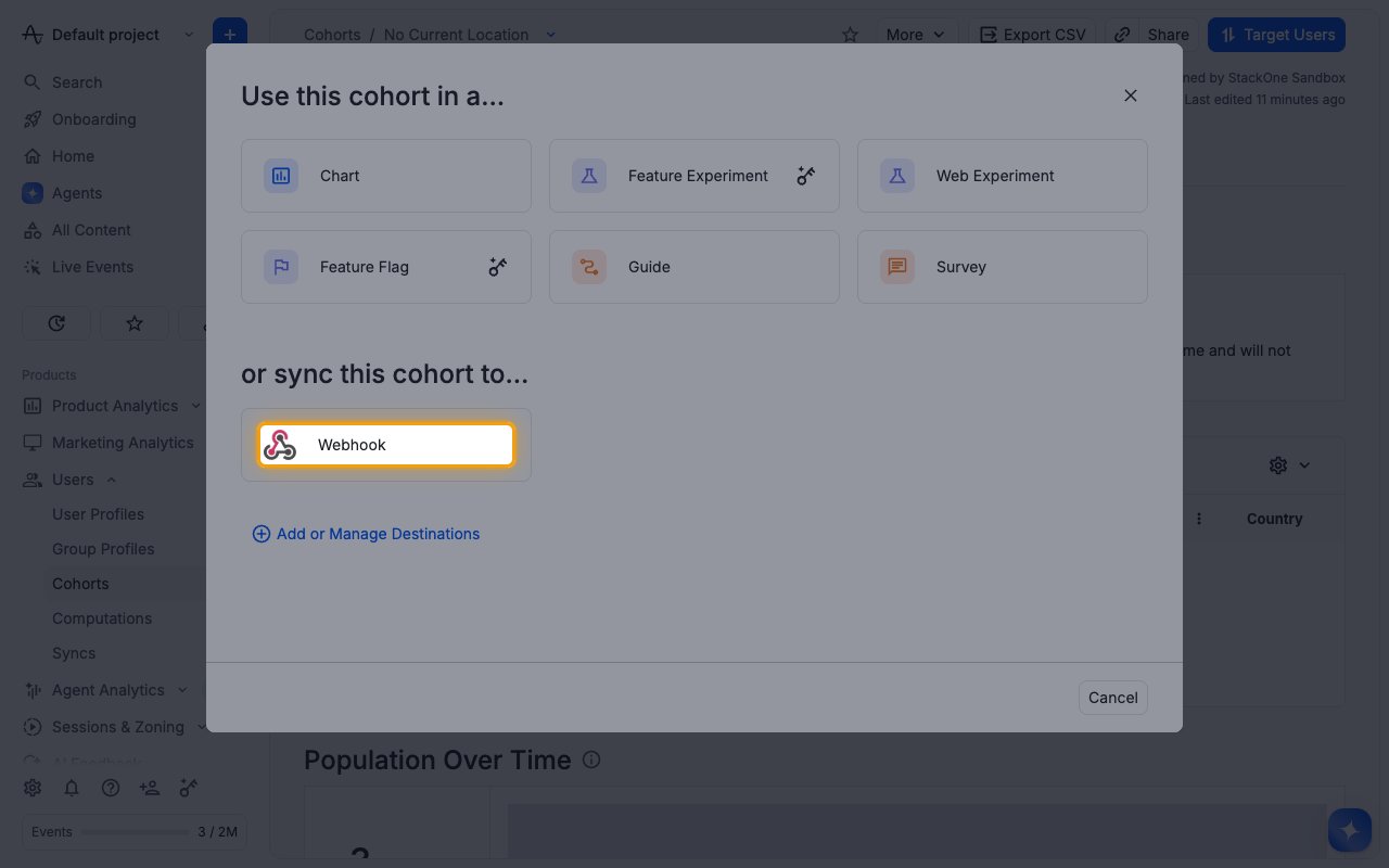 Use this cohort in a dialog with the Webhook option highlighted