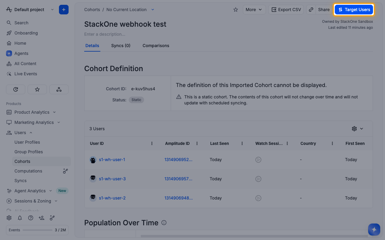 Cohort details page with the Target Users button highlighted