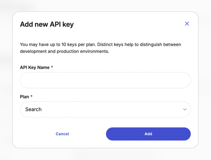 Add new API key dialog with the API Key Name field, the Plan dropdown set to Search, and the Add button