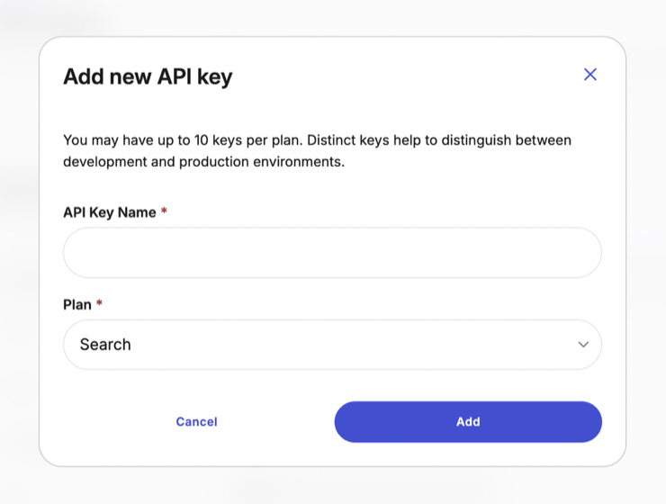 Add new API key dialog with the API Key Name field, the Plan dropdown set to Search, and the Add button