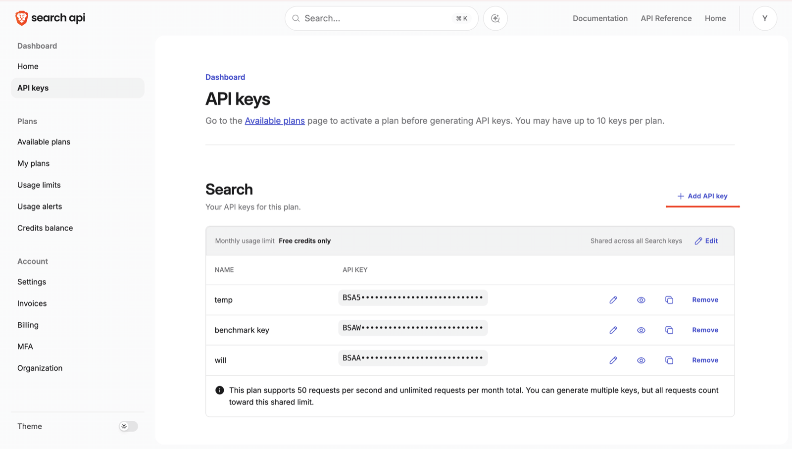 Brave Search API dashboard API keys page, opened from the API keys item in the left sidebar, with the Add API key button highlighted