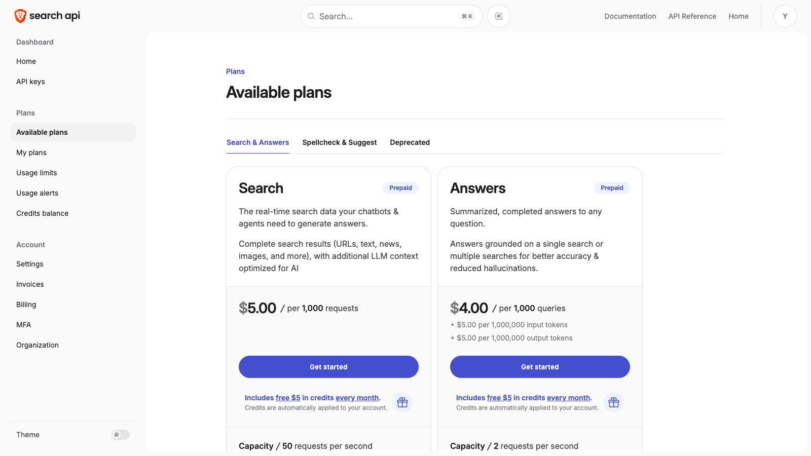Available plans page with the Search and Answers plan cards under the Search & Answers tab, each with a Get started button