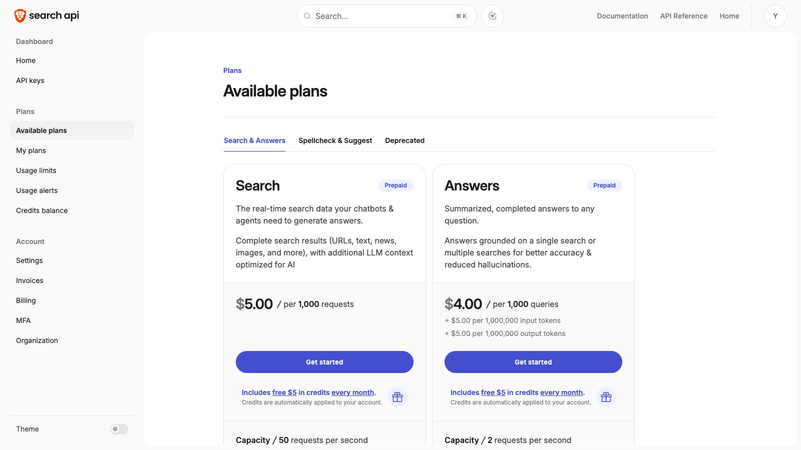 Available plans page with the Search and Answers plan cards under the Search & Answers tab, each with a Get started button