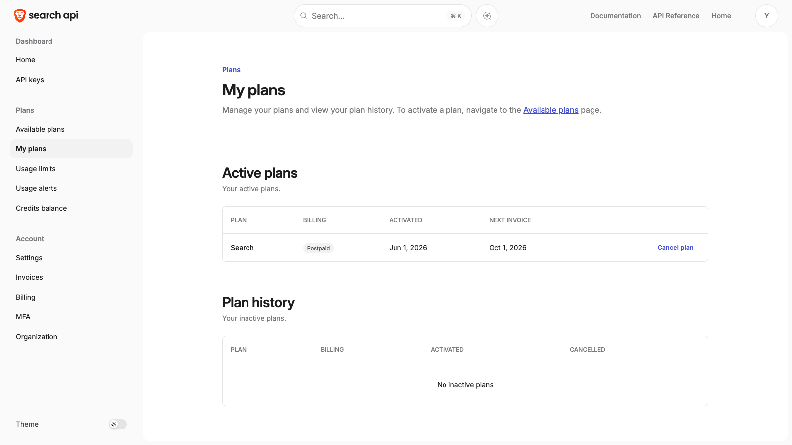 My plans page with the Search plan listed in the Active plans table