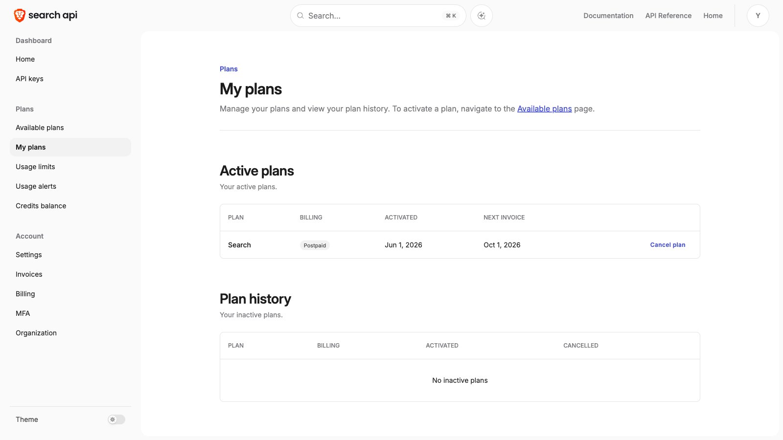 My plans page with the Search plan listed in the Active plans table