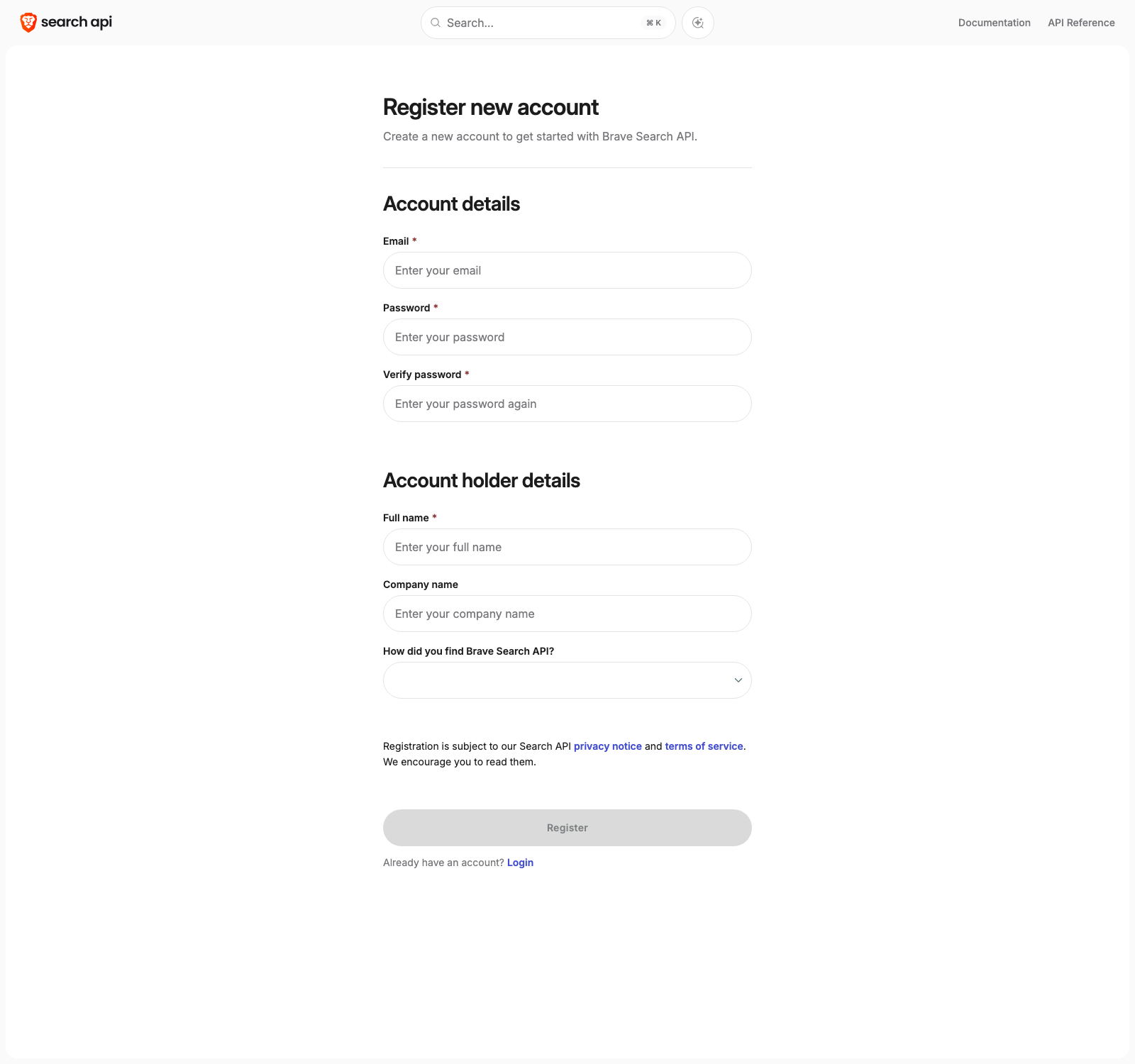 Register new account form with the Account details and Account holder details sections and the Register button