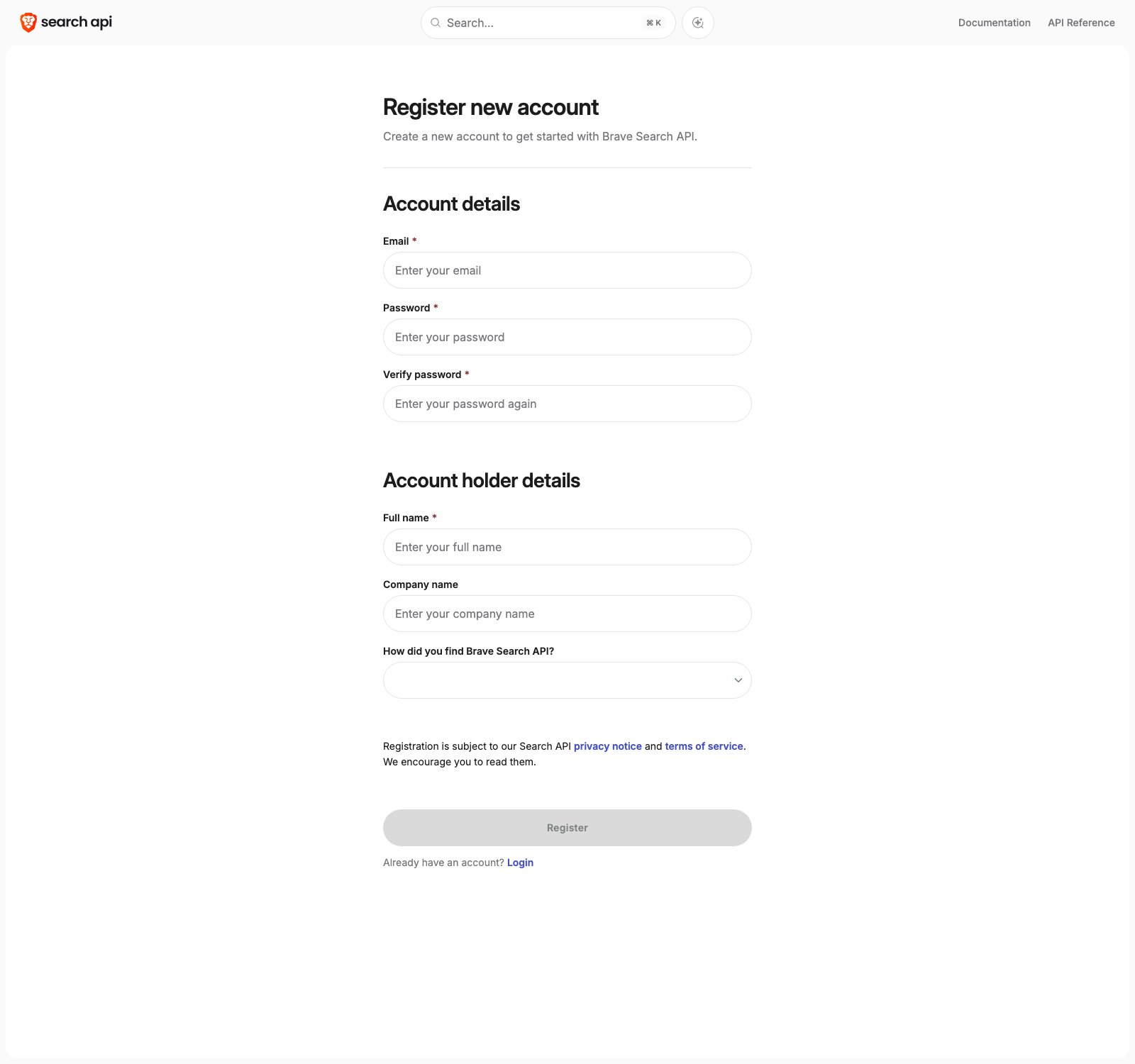 Register new account form with the Account details and Account holder details sections and the Register button