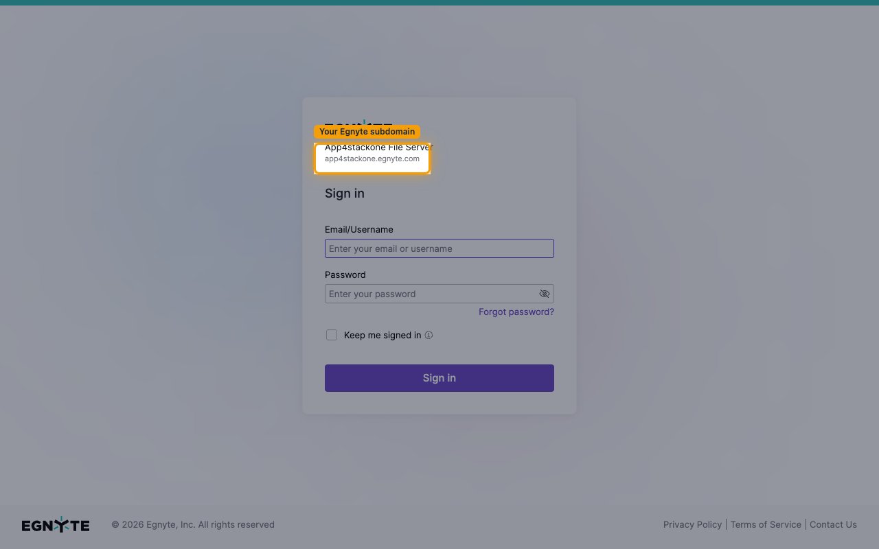 Egnyte tenant sign-in page showing the workspace name and the tenant subdomain