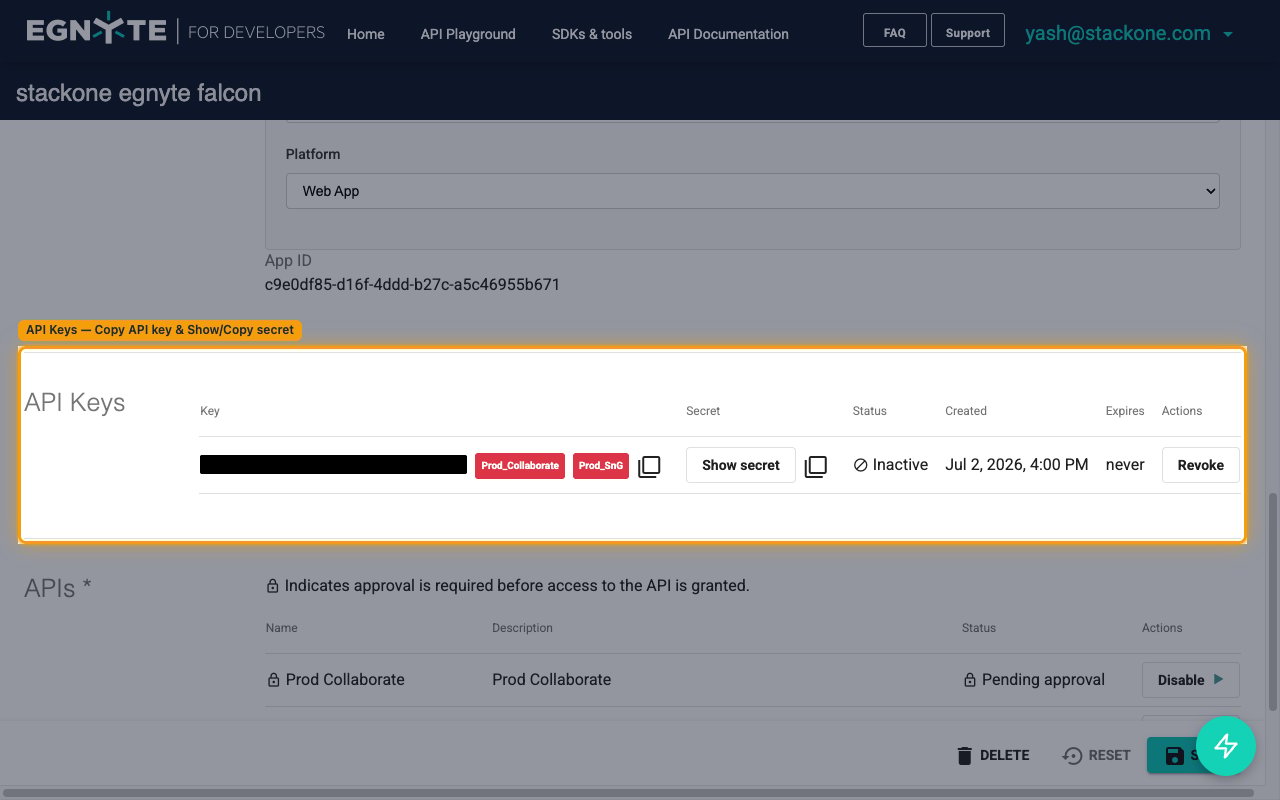 App profile API Keys section with Copy API key and Show secret controls
