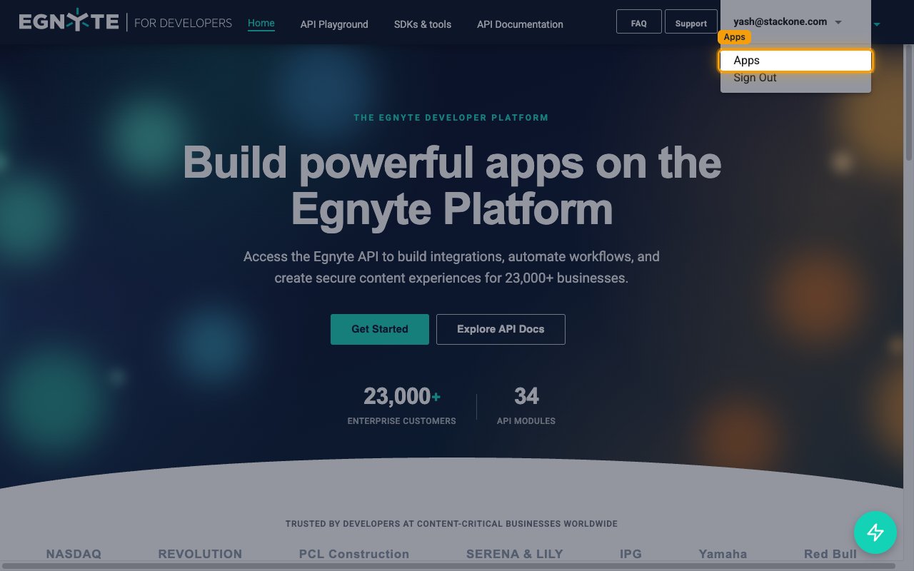 Account dropdown showing the Apps menu item on the Egnyte Developer Portal