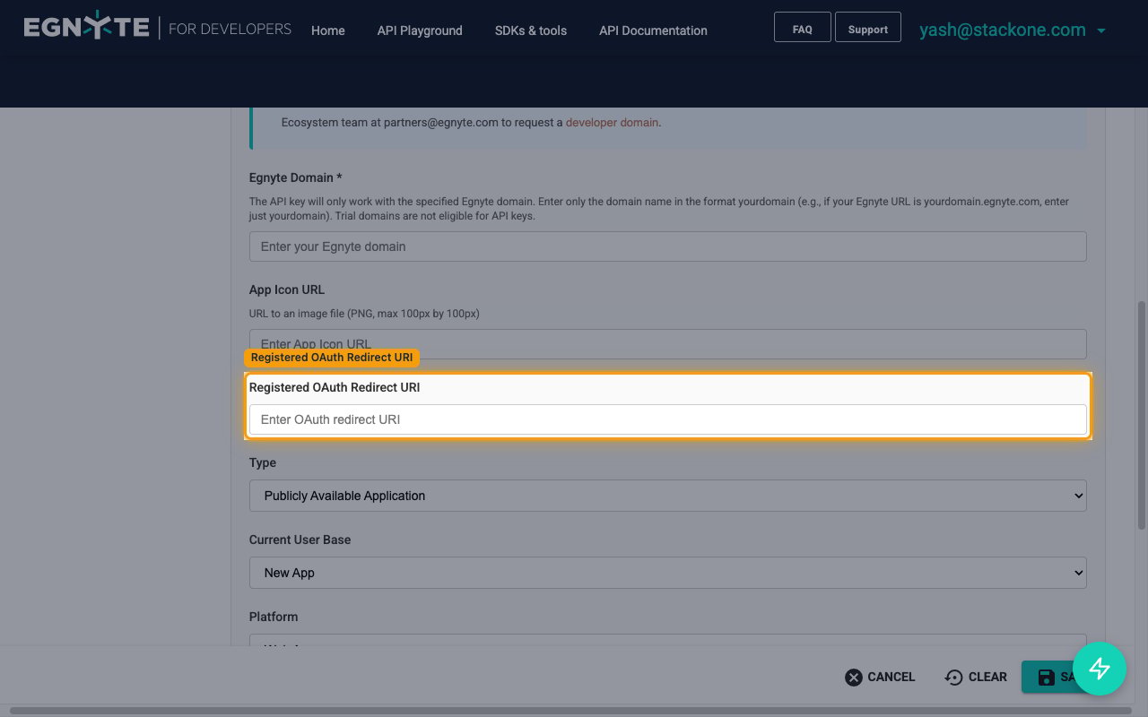 Registered OAuth Redirect URI field on the New App form