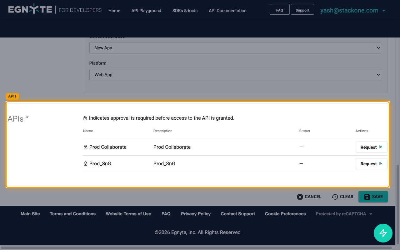 APIs section on the New App form showing Prod Collaborate with the Request button