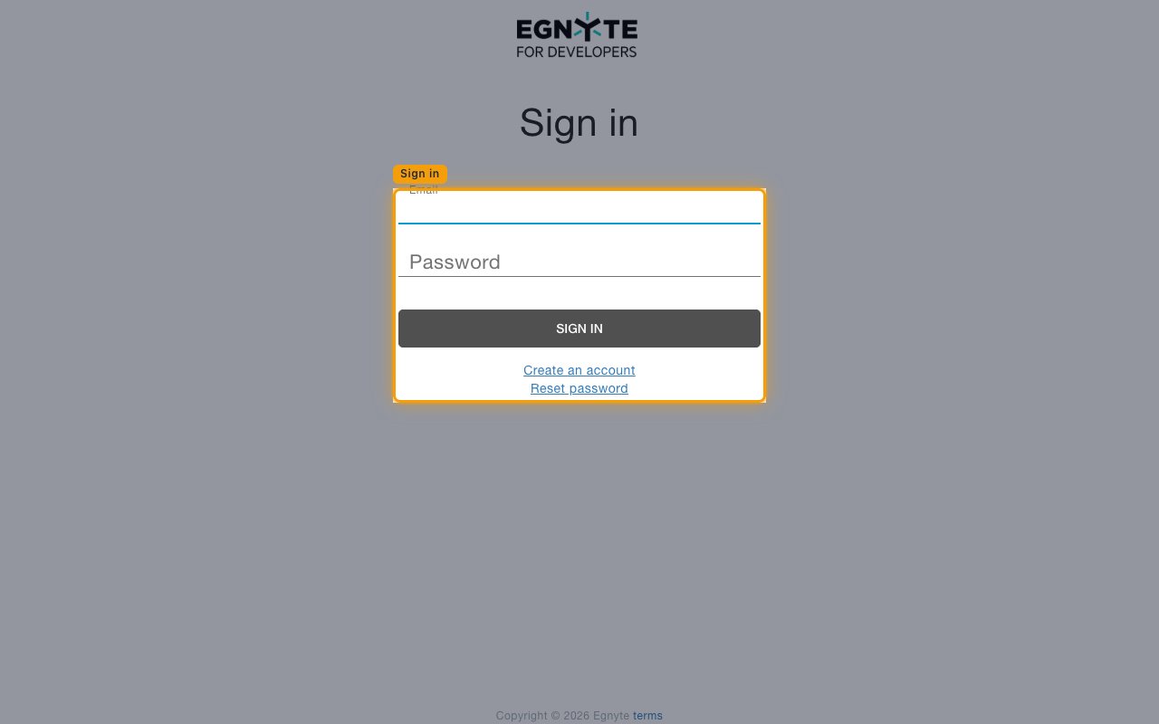 Egnyte Developer Portal sign-in form with Email and Password fields