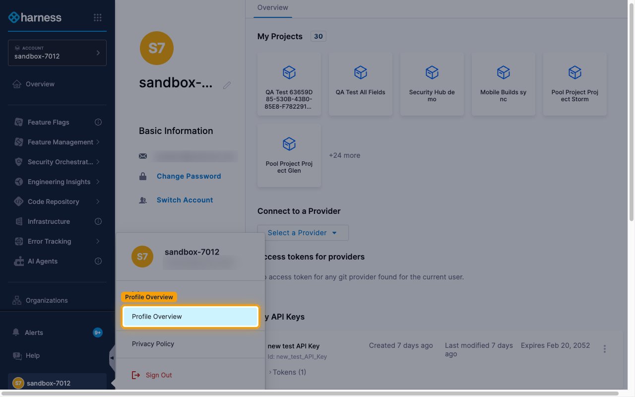 Profile menu open with Profile Overview highlighted