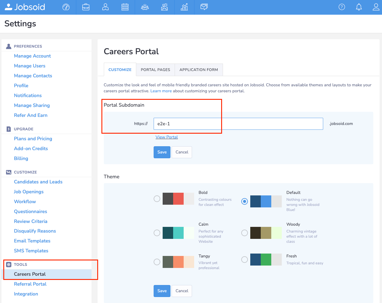 Careers Portal Customize tab showing the Portal Subdomain field