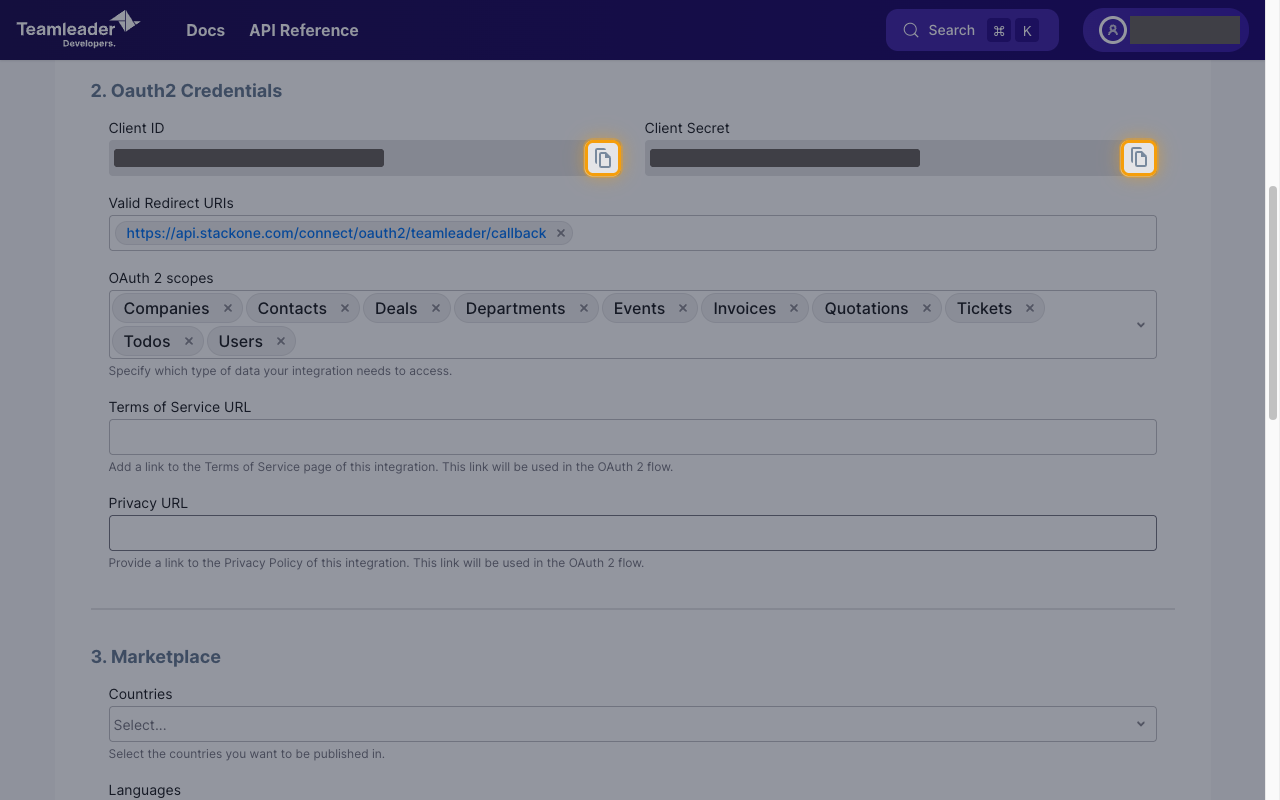The Oauth2 Credentials section with the Client ID and Client Secret copy icons highlighted and both values redacted
