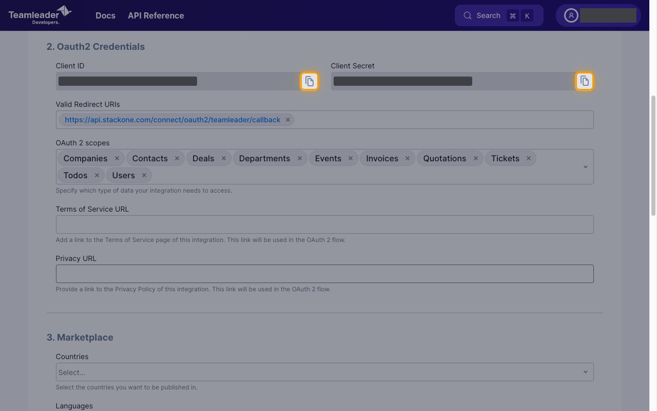 The Oauth2 Credentials section with the Client ID and Client Secret copy icons highlighted and both values redacted