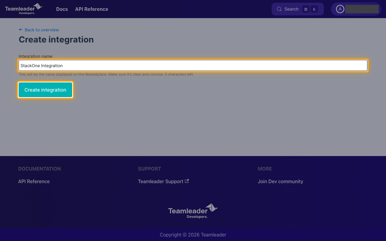The Create integration form with the Integration name field and the Create integration button highlighted