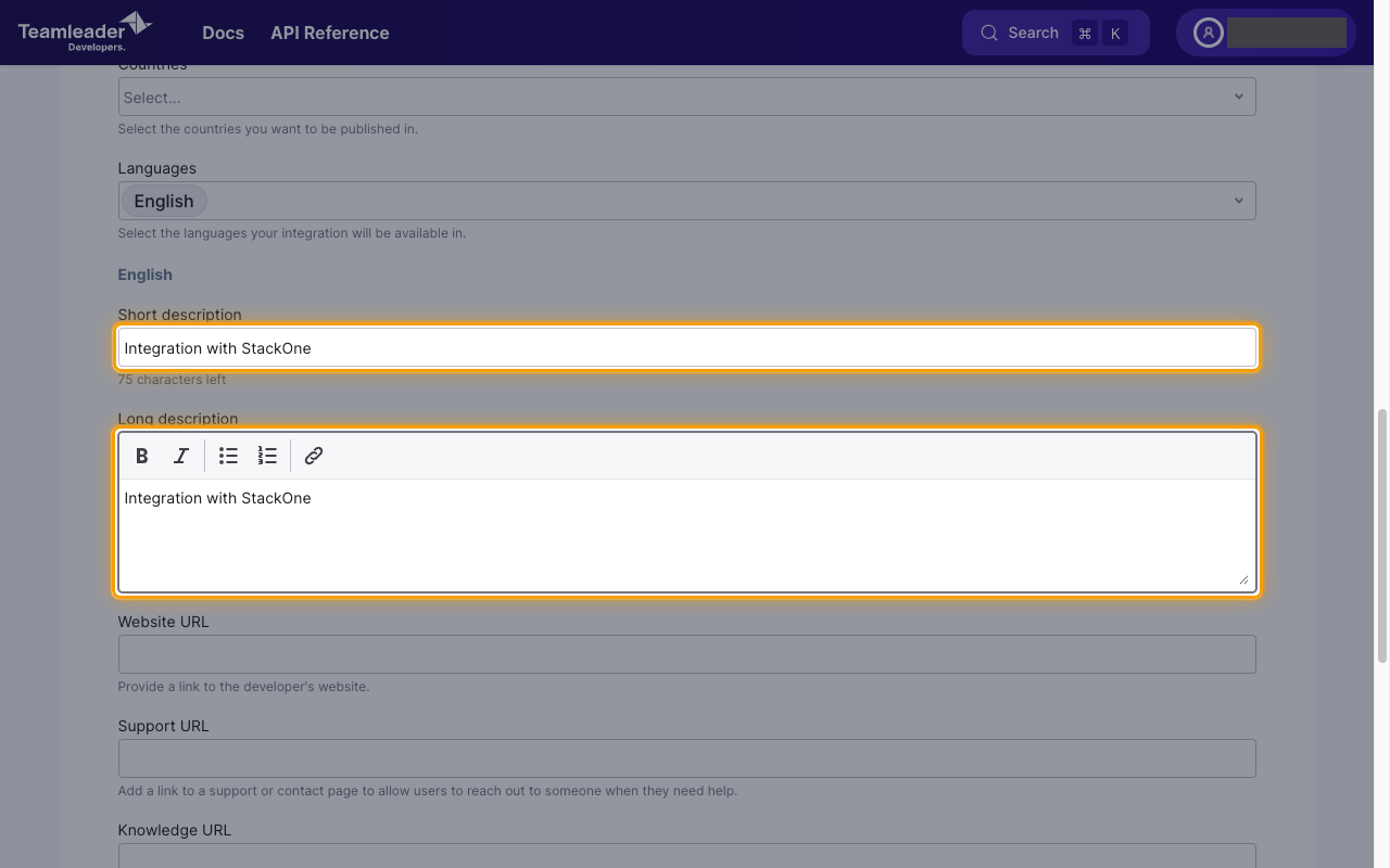 The Marketplace section with the Short description and Long description fields highlighted