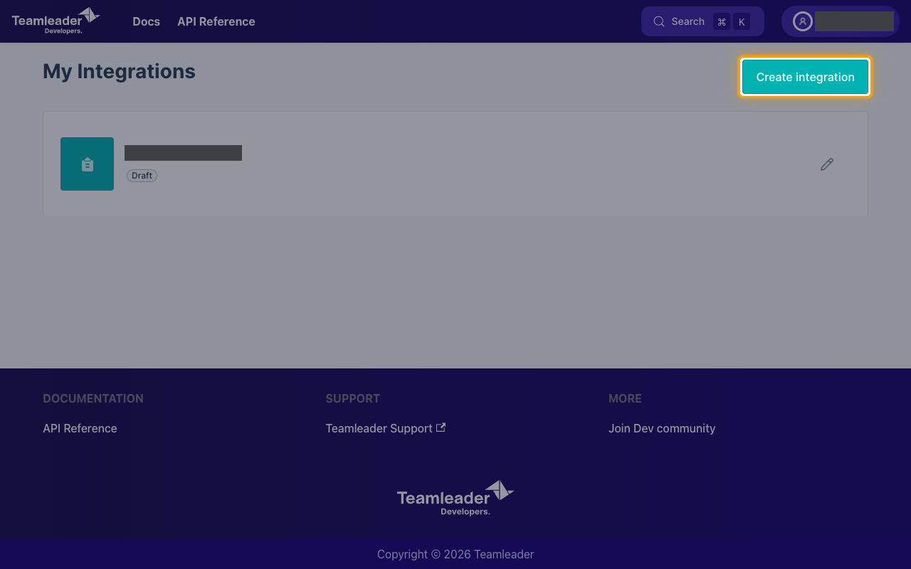 The My Integrations page in the Teamleader Dev Portal with the Create integration button highlighted