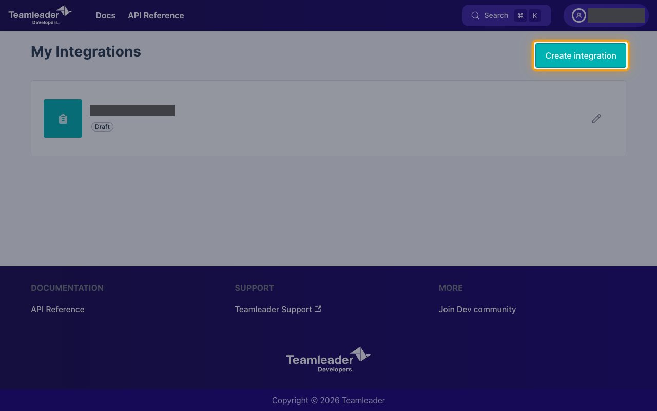 The My Integrations page in the Teamleader Dev Portal with the Create integration button highlighted
