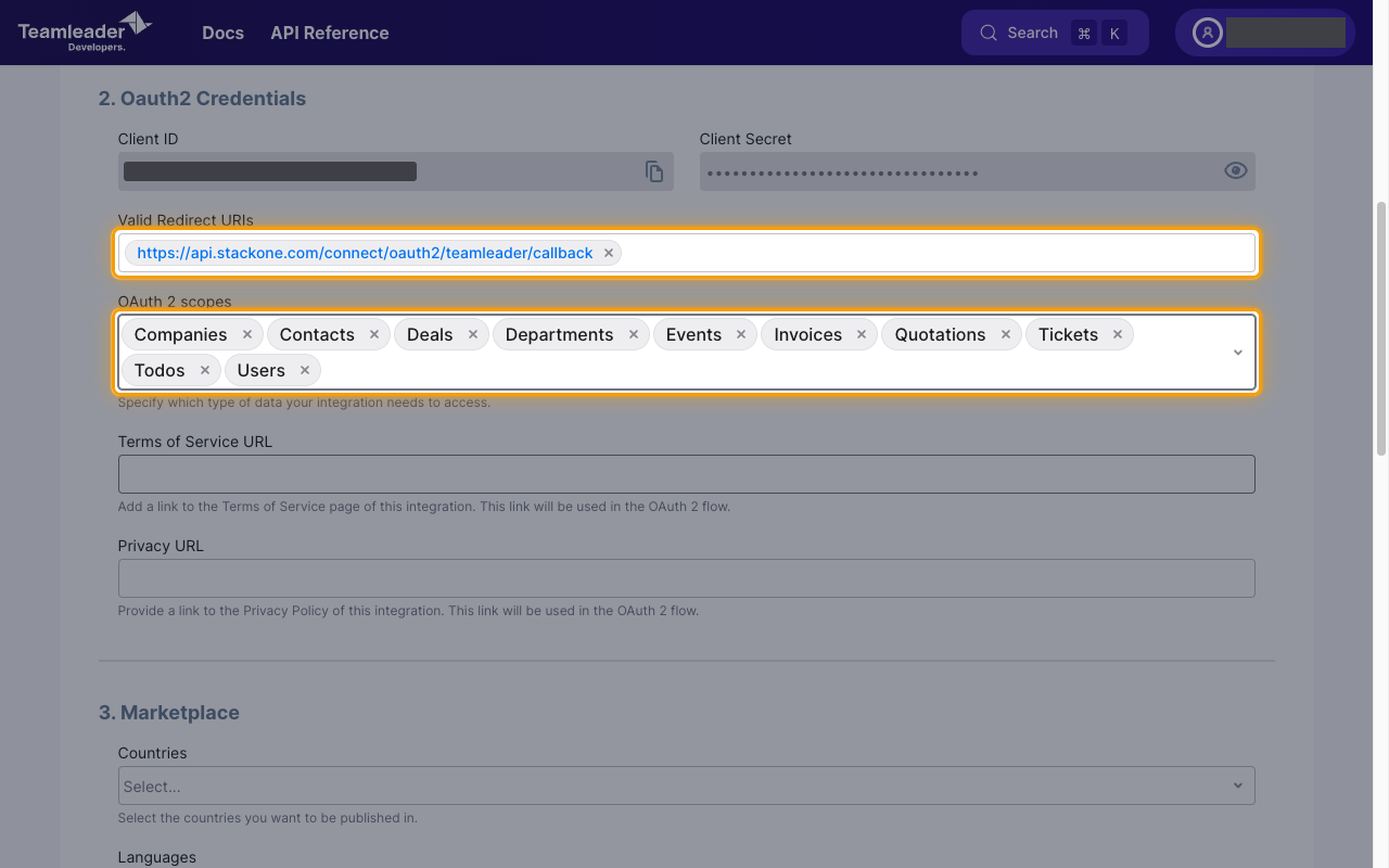The Oauth2 Credentials section with the Valid Redirect URIs and OAuth 2 scopes fields highlighted