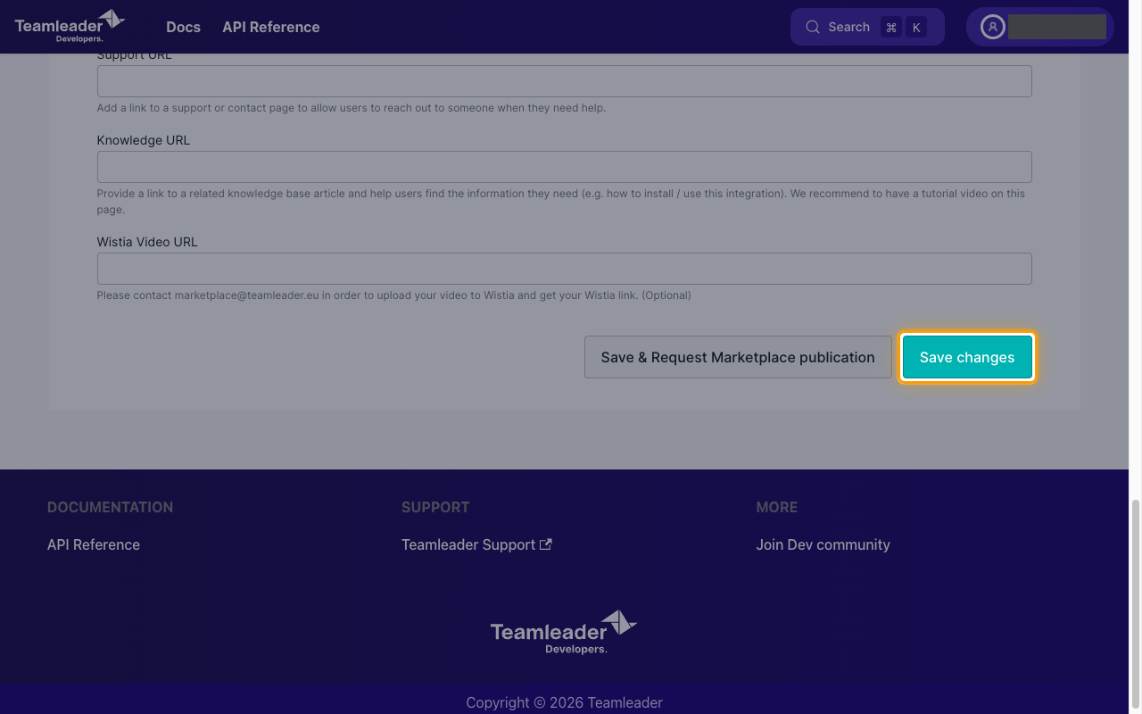 The bottom of the integration settings page with the Save changes button highlighted