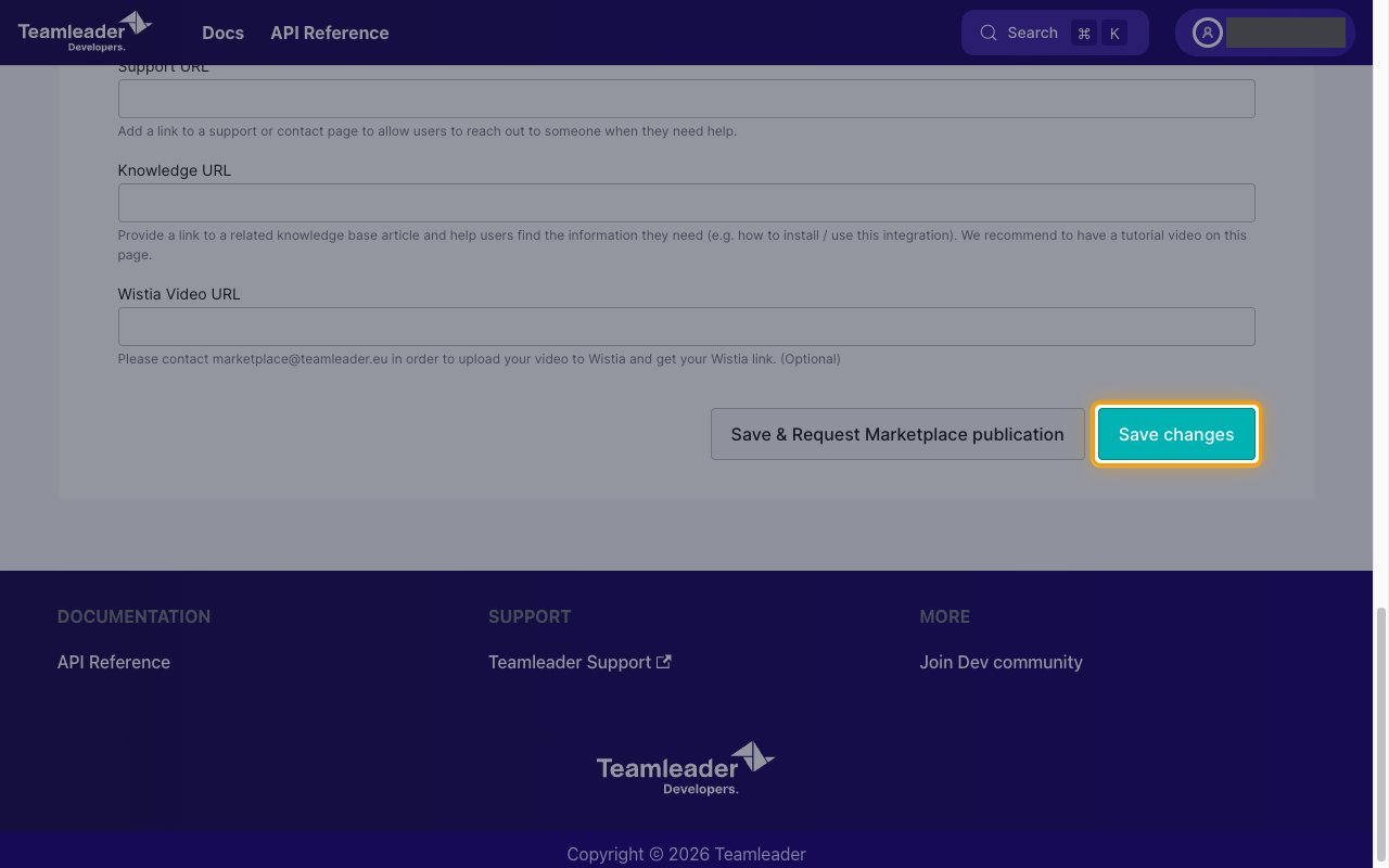 The bottom of the integration settings page with the Save changes button highlighted
