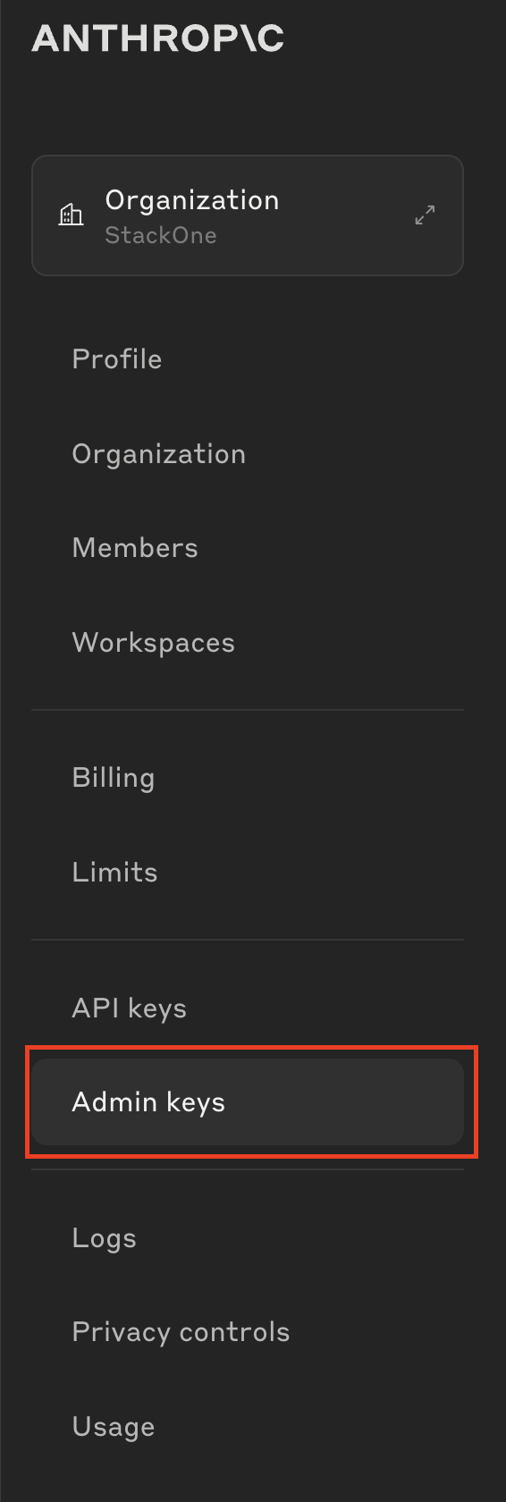 Navigate to Admin Keys