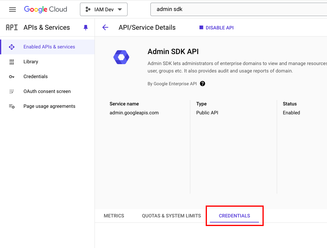 Navigate to Admin SDK API Credentials