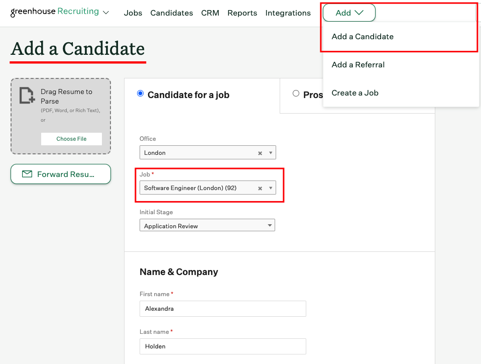 Add New Candidate within the Job