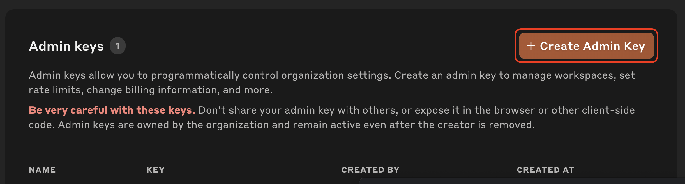Create a new Admin Key