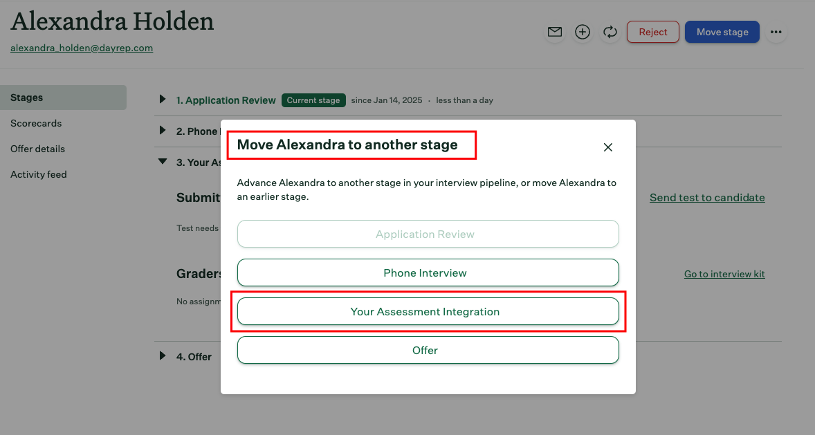 Move Candidate to the Assessment or Background Check Stage