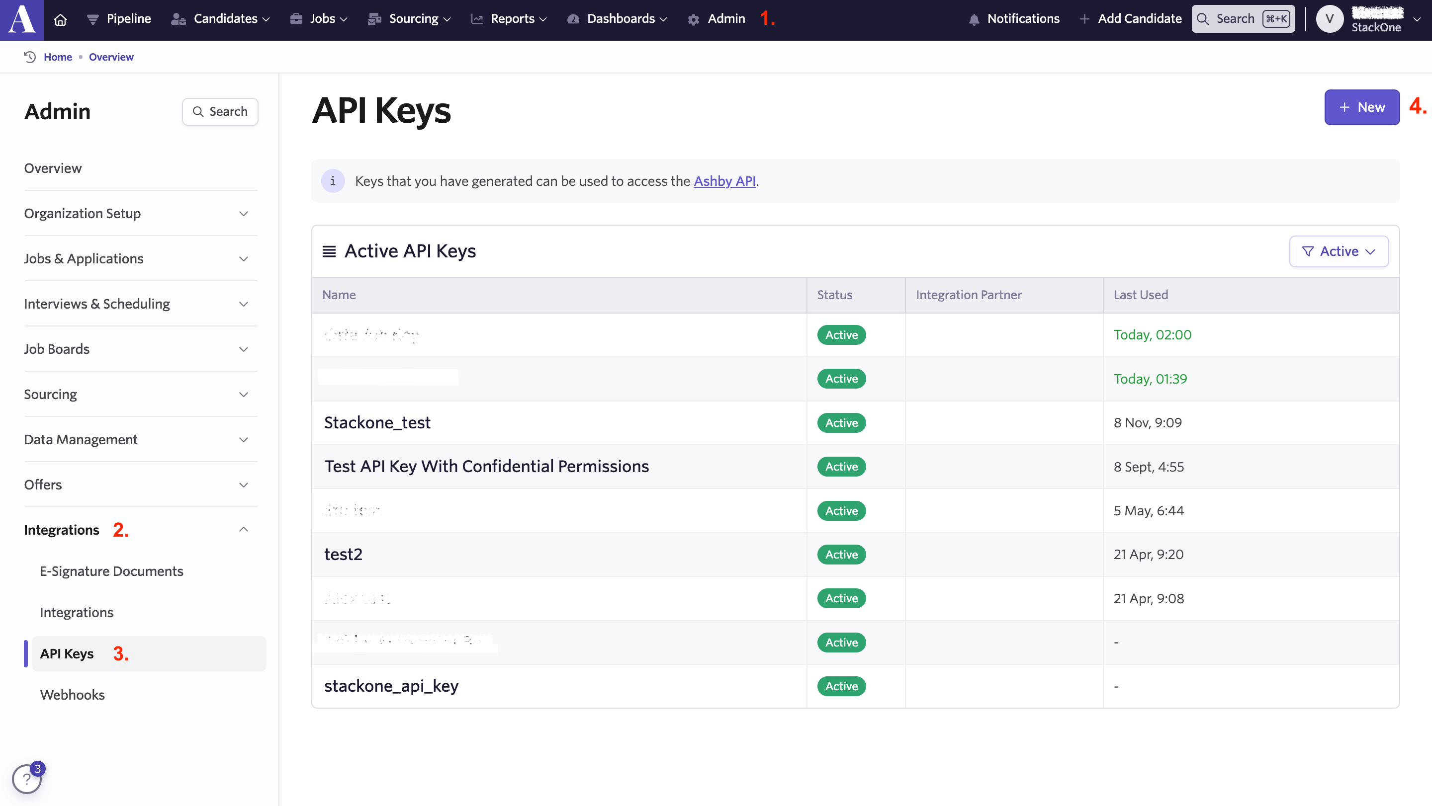 API Keys page