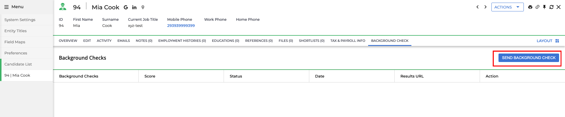 Edit/View Assessment/Background check Status ID