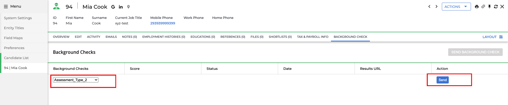 Edit/View Assessment/Background check Status ID
