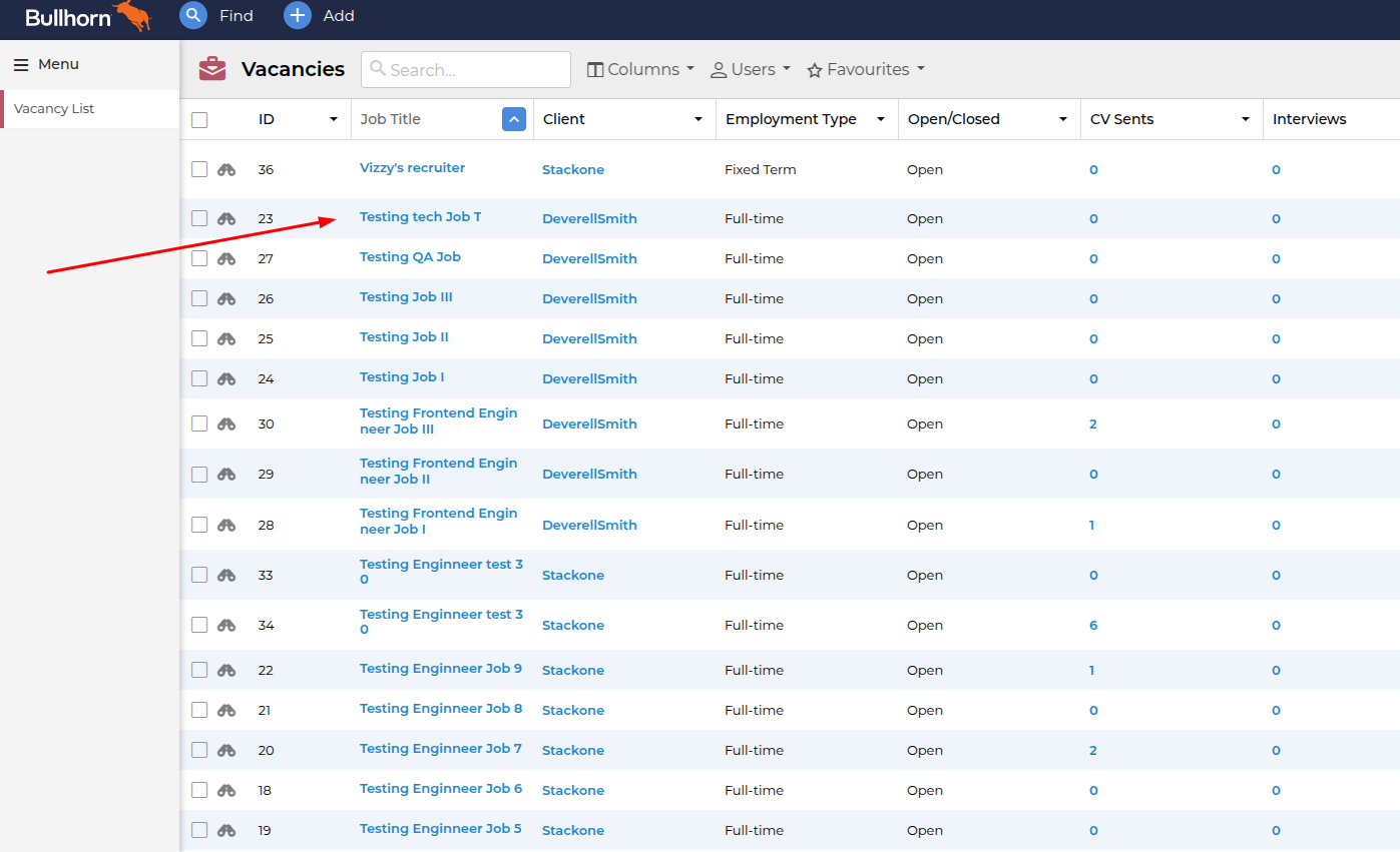 Custom fields view in the table