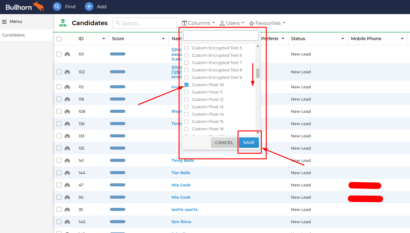 Custom fields column