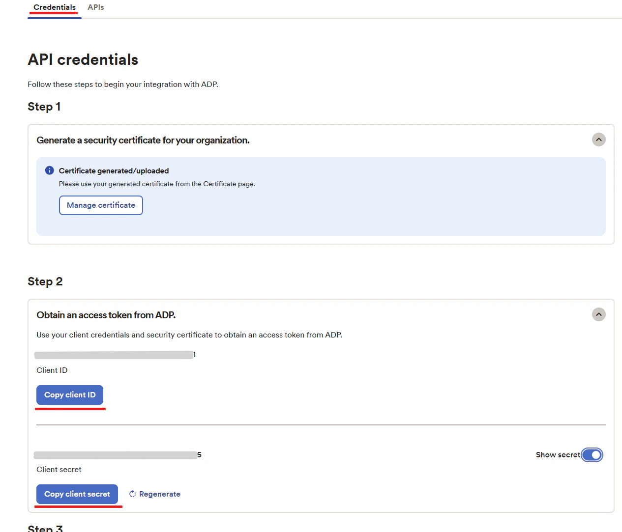 Credentials tab