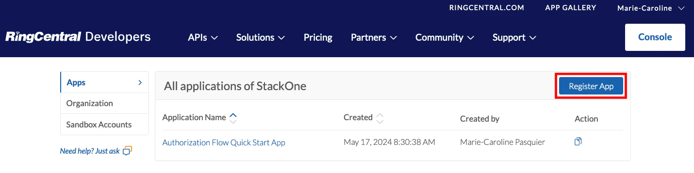 Register App Button
