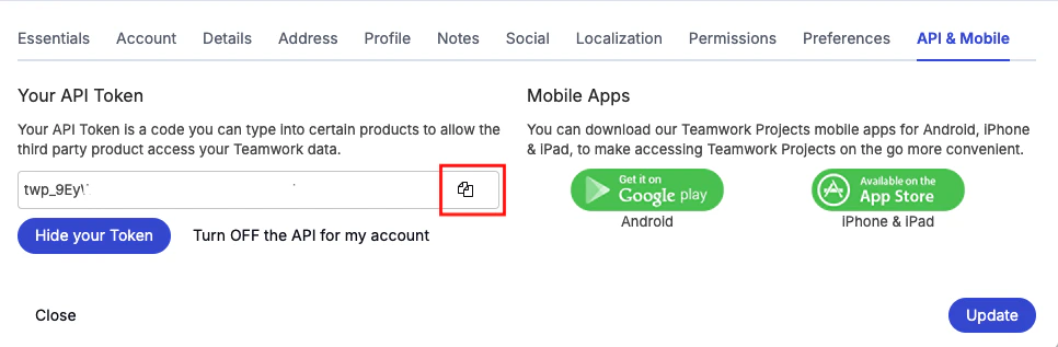 Copy API Token