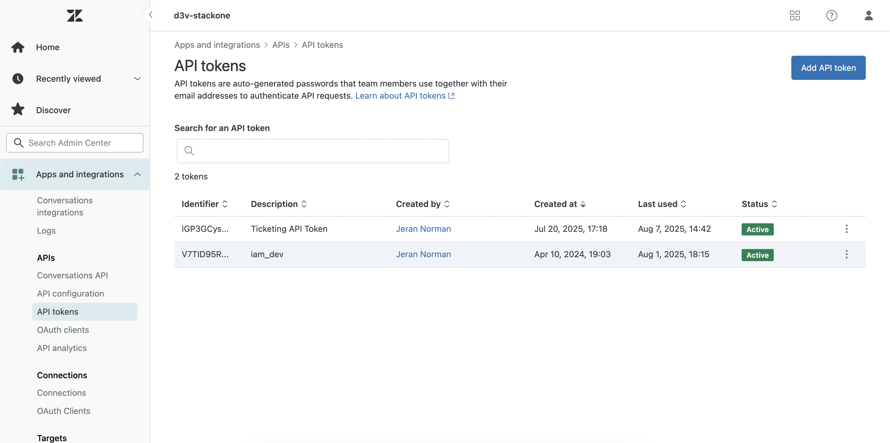 API Tokens page