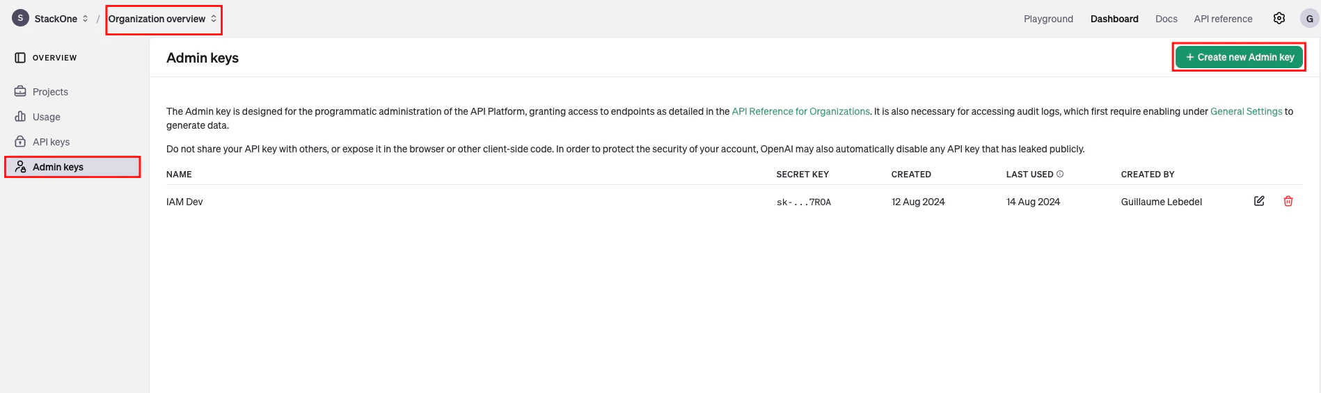 Admin Keys Page