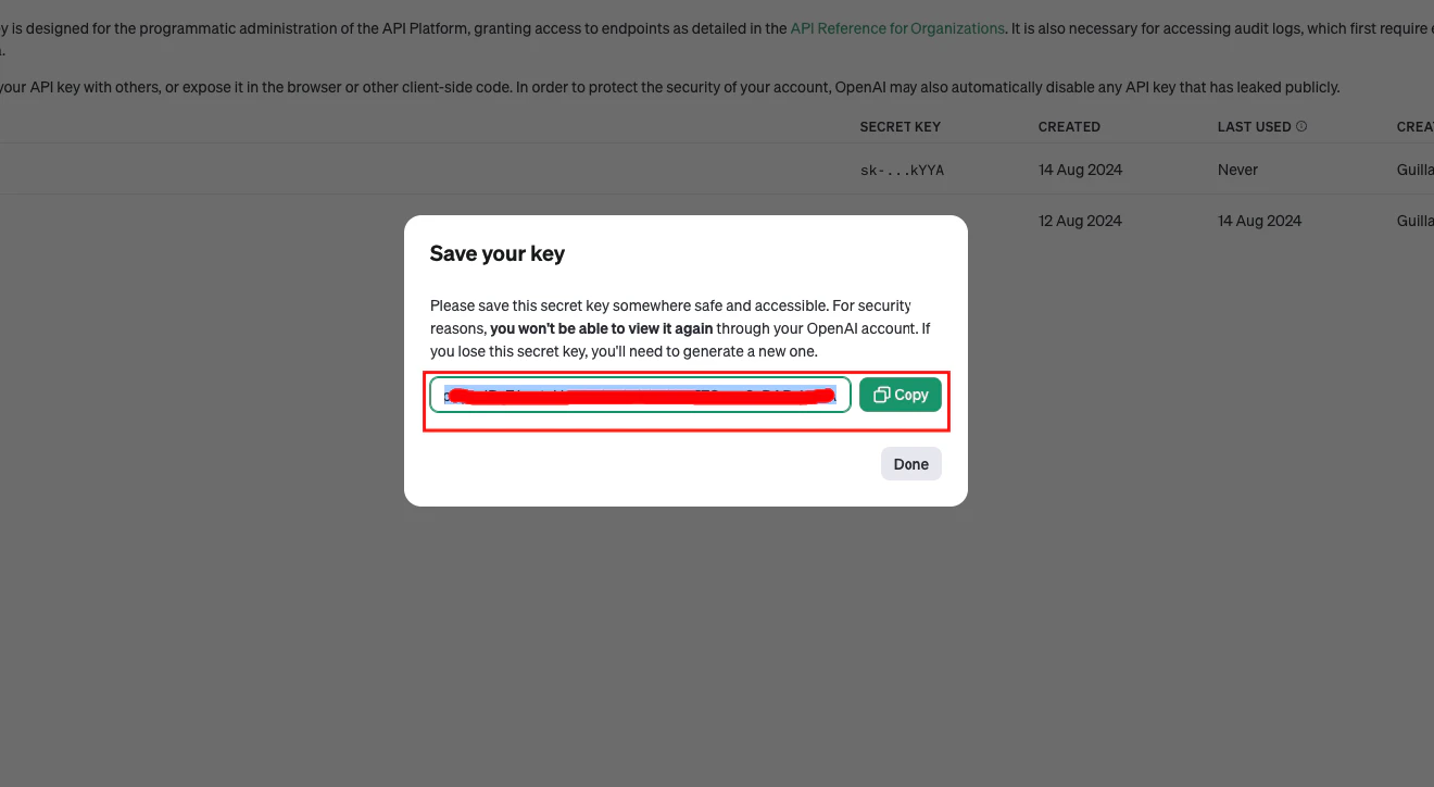 Copy the Admin Key