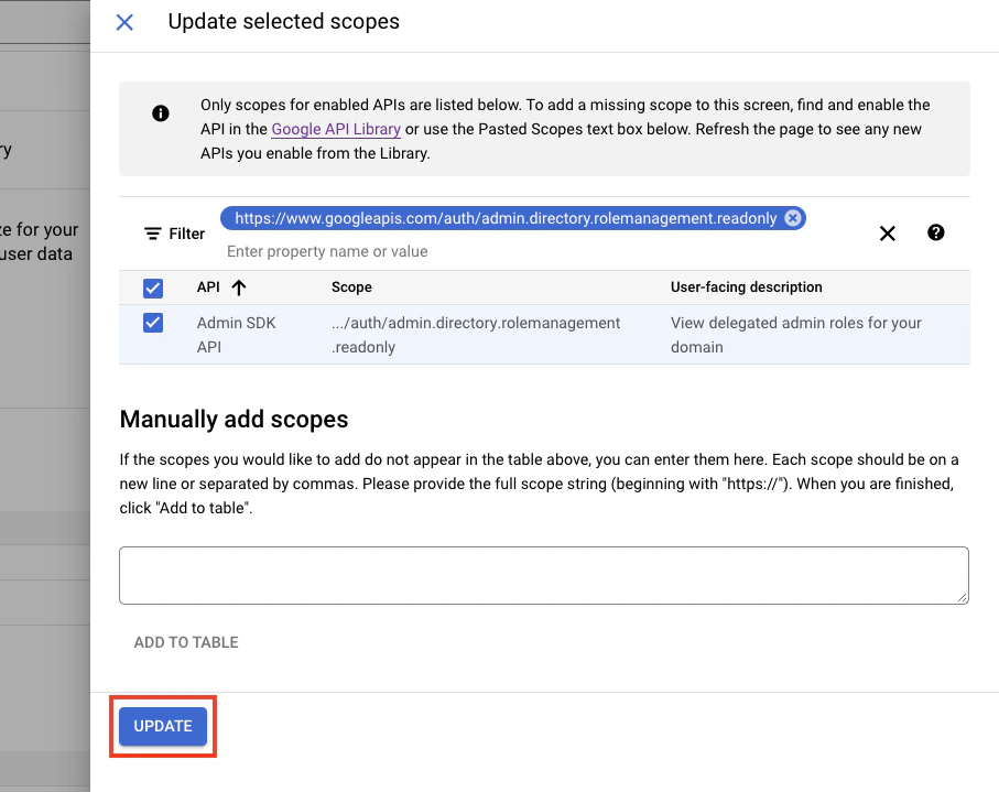 Update Scopes Button