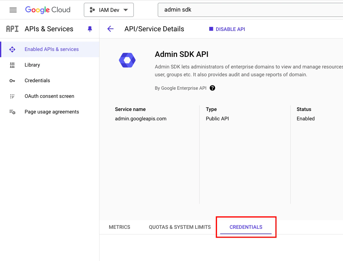 Navigate to Admin SDK API Credentials