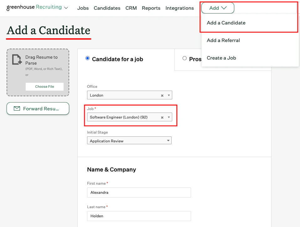 Add New Candidate within the Job