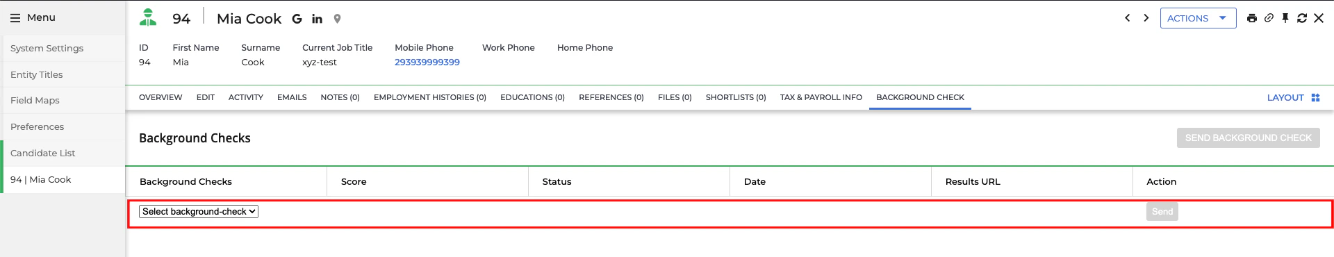 Edit/View Assessment/Background check Status ID
