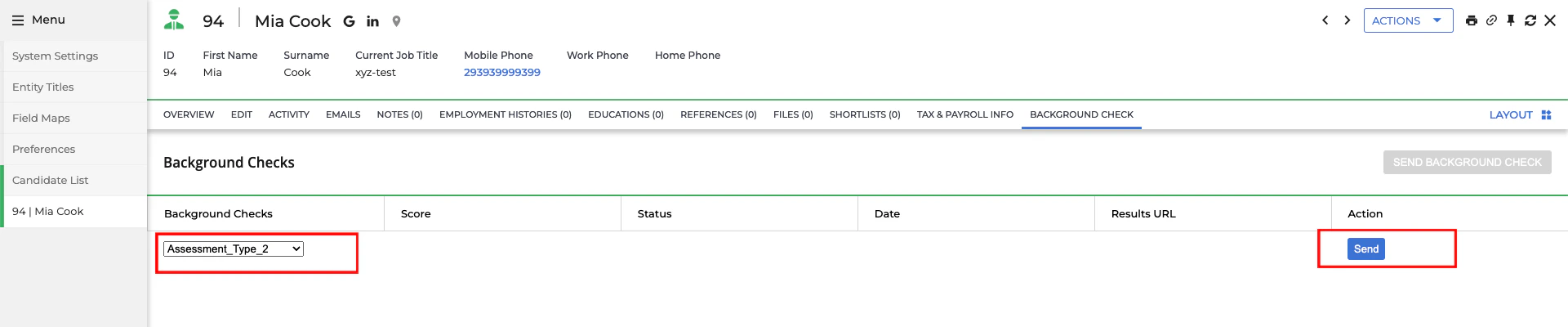 Edit/View Assessment/Background check Status ID